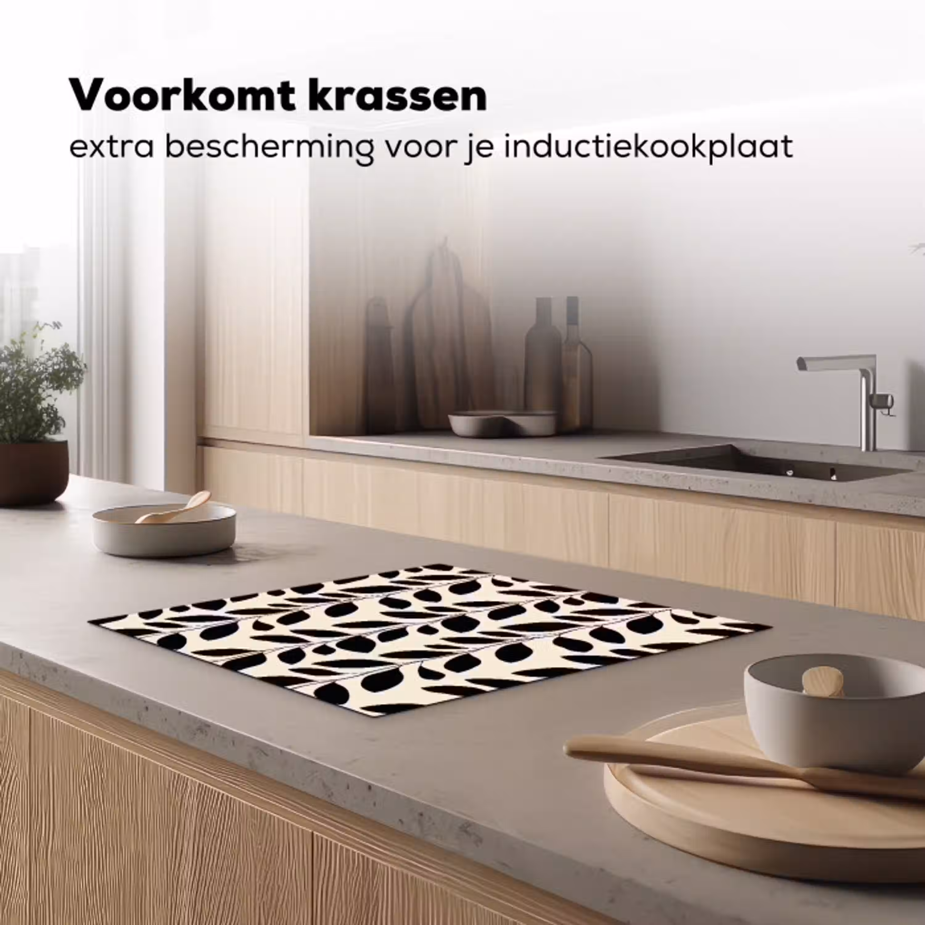 Botanisch - Dessin - Zwart - Beige Inductie beschermer vinyl 3mm middel 274 -sfeer1