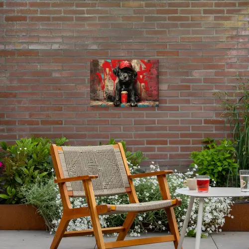 Puppy met Rode Pet en Spuitbus Tuinposter op houten frame 2 cm dik klein -sfeer3