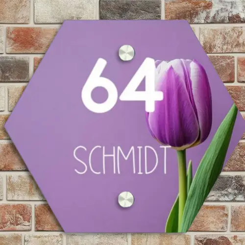 Paarse tulp - Modern Naambord Hexagon klein -sfeer2