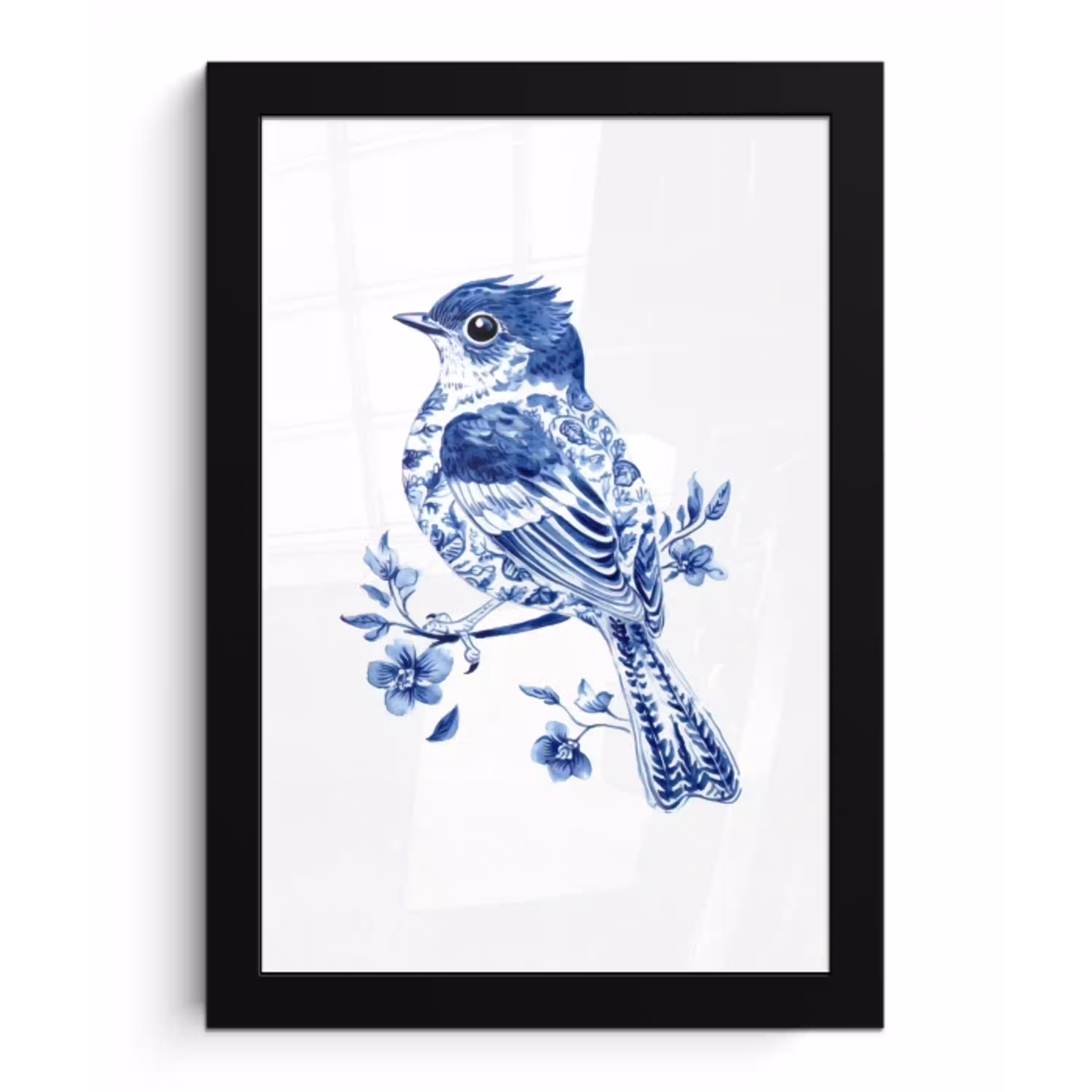 Vogel - Delfts blauw - Illustratie - Bloemen fotolijst zwart zonder passe partout klein -3d