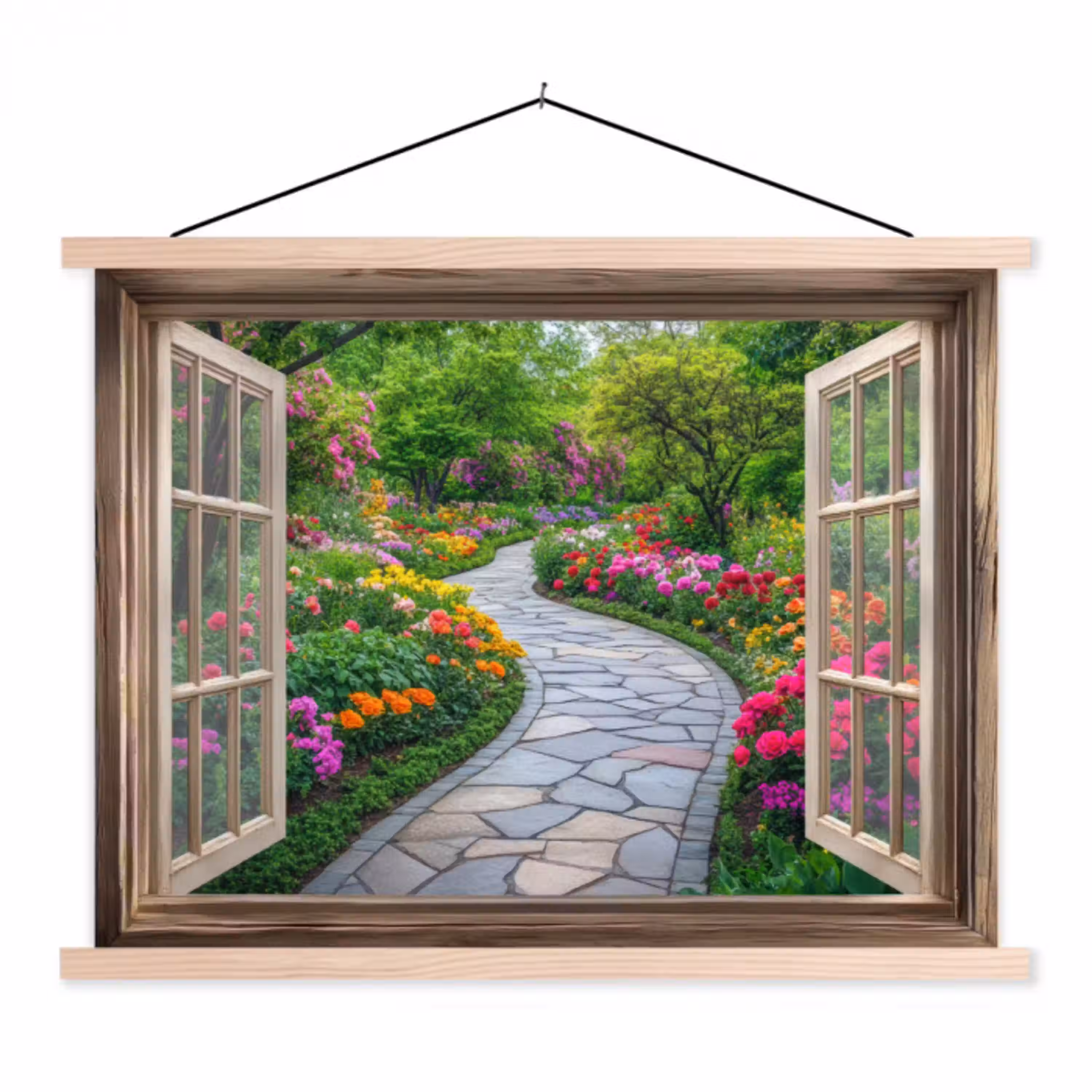 Doorkijk - Bloemen - Tuinpad - Natuur - Raam textielposter latten blank klein -3d