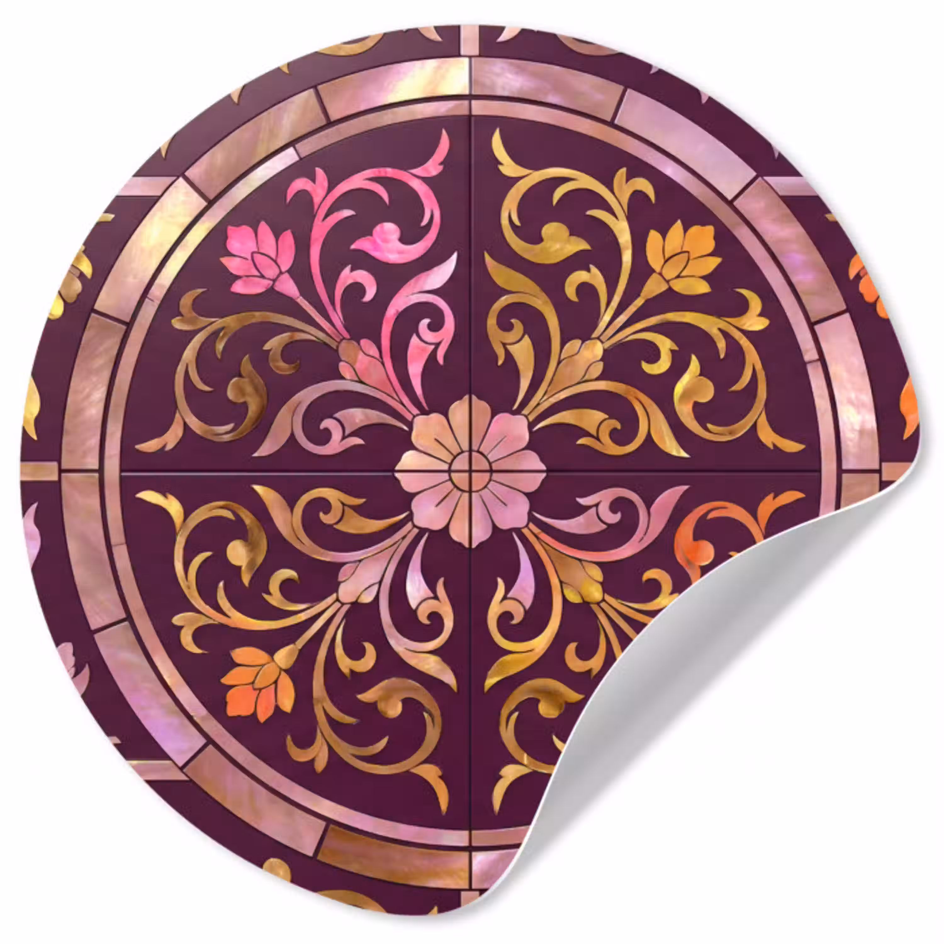 Patroon - Floraal - Oosters - Paars - Goud Wandcirkel behangsticker klein -3d
