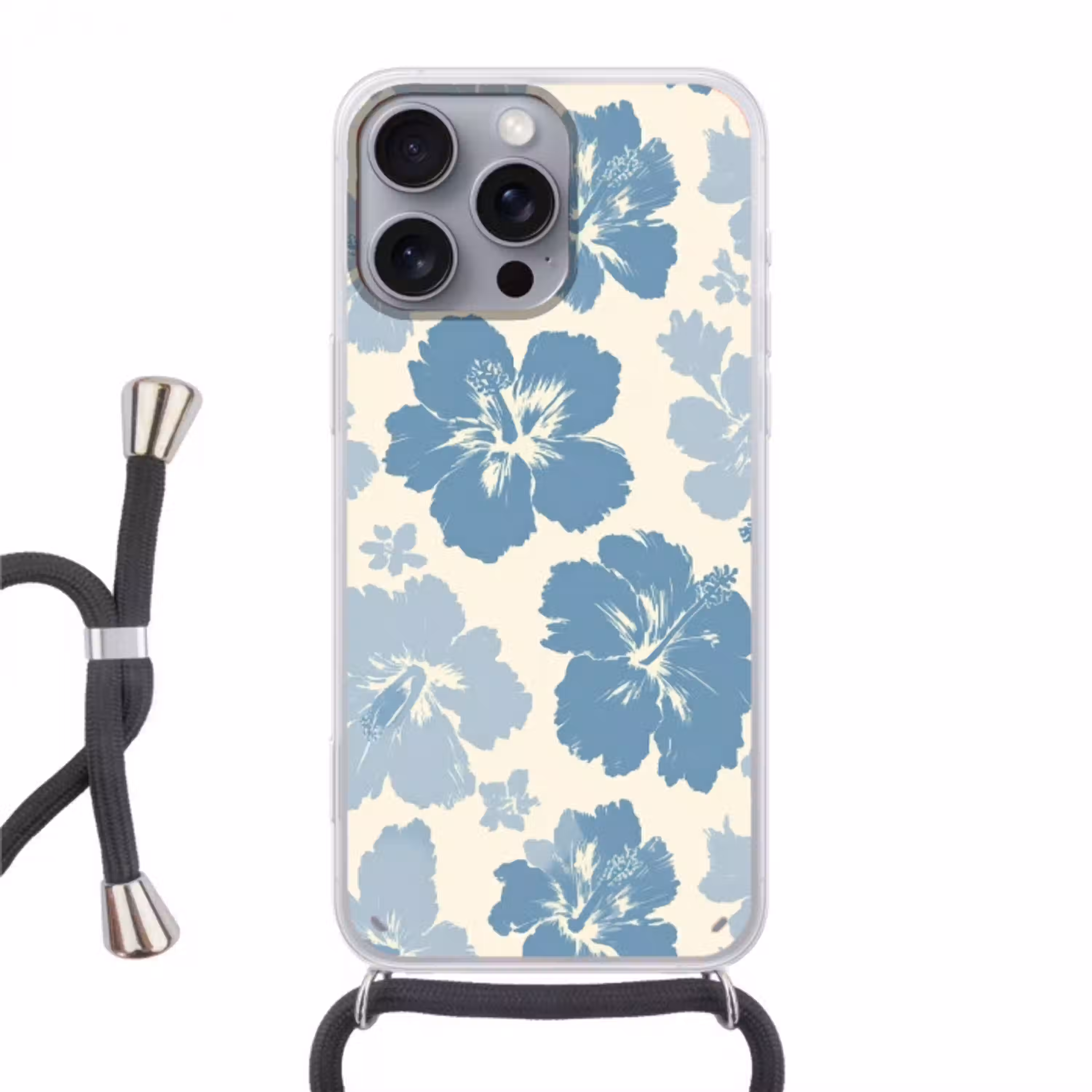 Hibiscusbloemen - Blauw - Patroon - Tropisch Hoesje iPhone 16 Pro Max met koord klein -3d