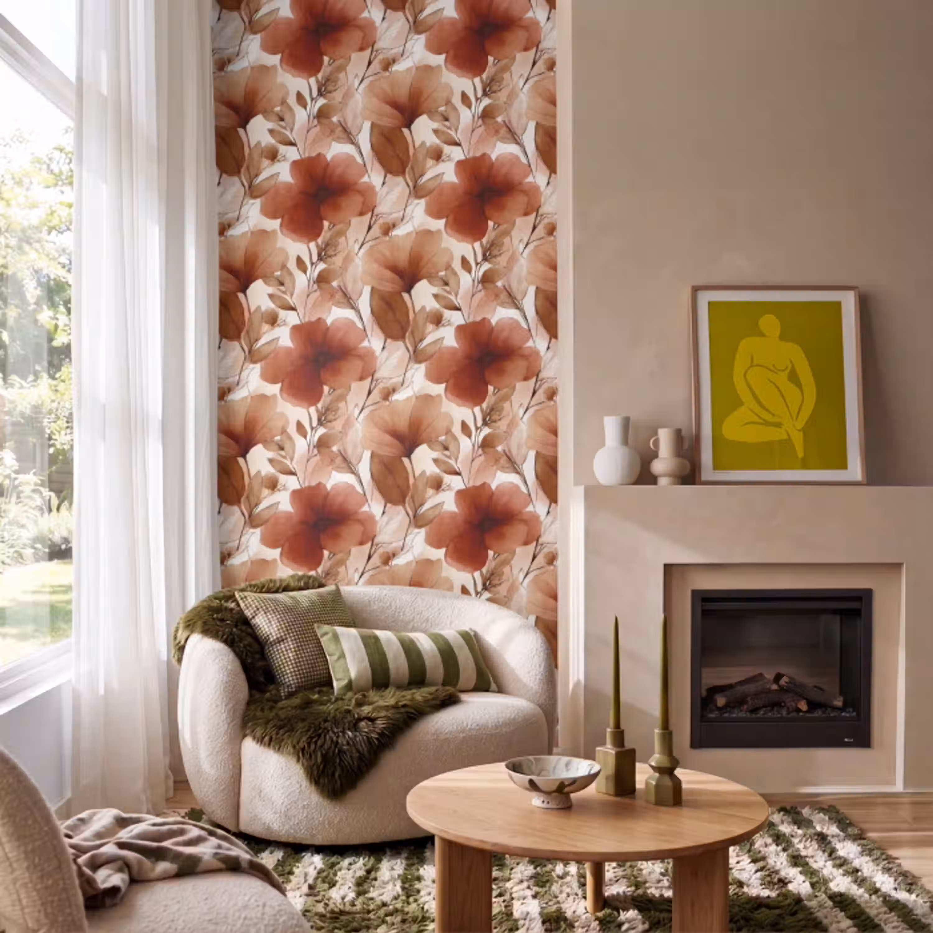 Bloemen - Aquarel - Botanisch - Terracotta Behang Vlies klein 1076 -sfeer2