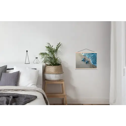 Zeesterren - Zand - Zee - Blauw textielposter latten blank klein -woonkamer