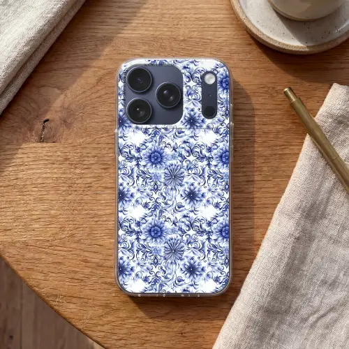 Bloemen - Blauw - Patroon - Wit Telefoonhoesje iPhone 17 Pro klein 878 -sfeer1