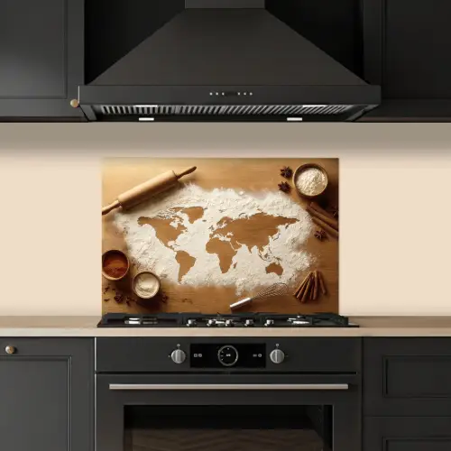 Hout - Wereldkaart - Bakken - Keuken keuken achterwand spatscherm klein -sfeer1