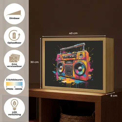 Radio - Graffiti - Box - Kleuren - Zwart Light Box met batterij (Wandlamp) middel -USP_websiteoverzichtNL