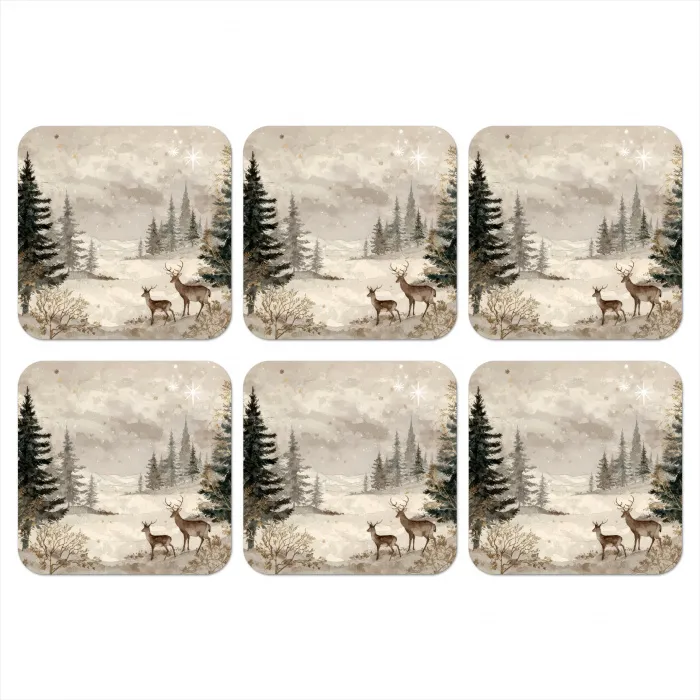 Bos - Herten - Winter - Sneeuw onderzetter kurk middel -3d