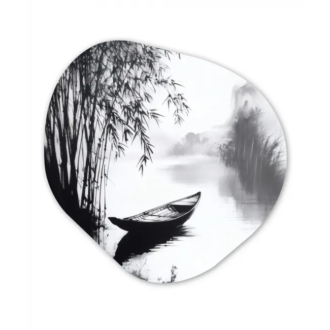 Boot - Rivier - Bamboe - Wit Wandcirkel Organisch Forex 3mm klein -3d