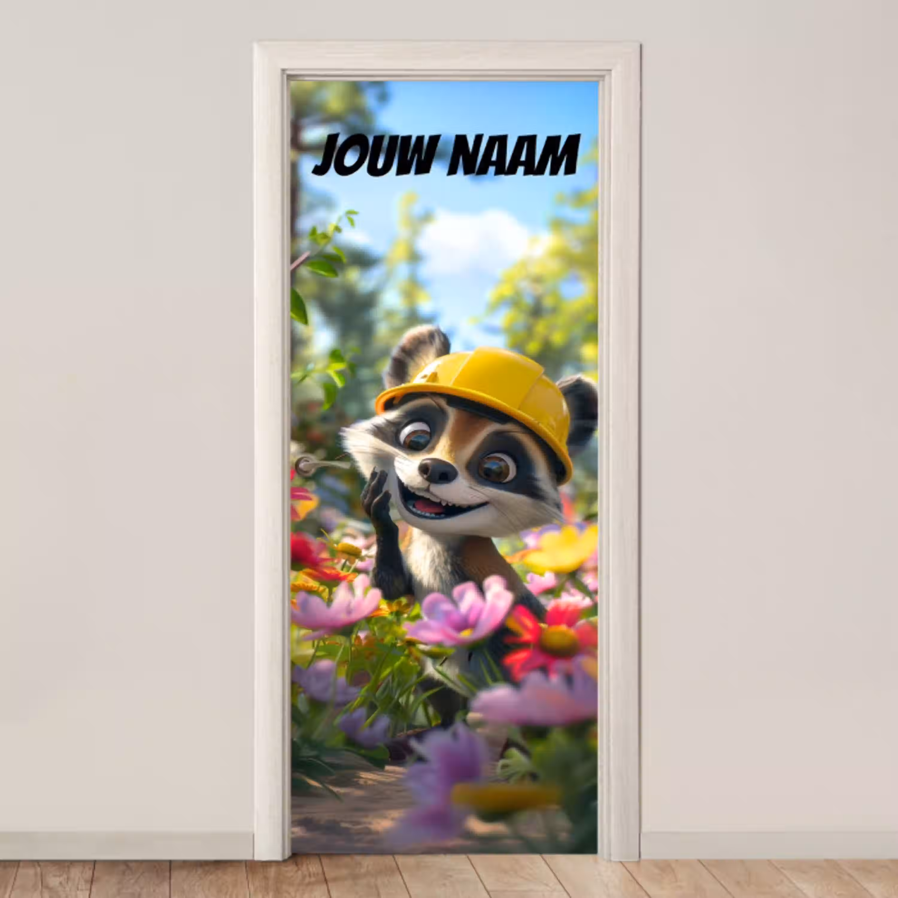 Schattige wasbeer met bouwhelm tussen bloemen en de tekst “Deze kamer is van: jouw naam”. deurposter klein -3d_beige