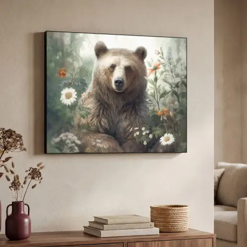 Bruine beer - Wilde dieren - Bloemen - Planten Textielframe - compleet frame klein -sfeer3