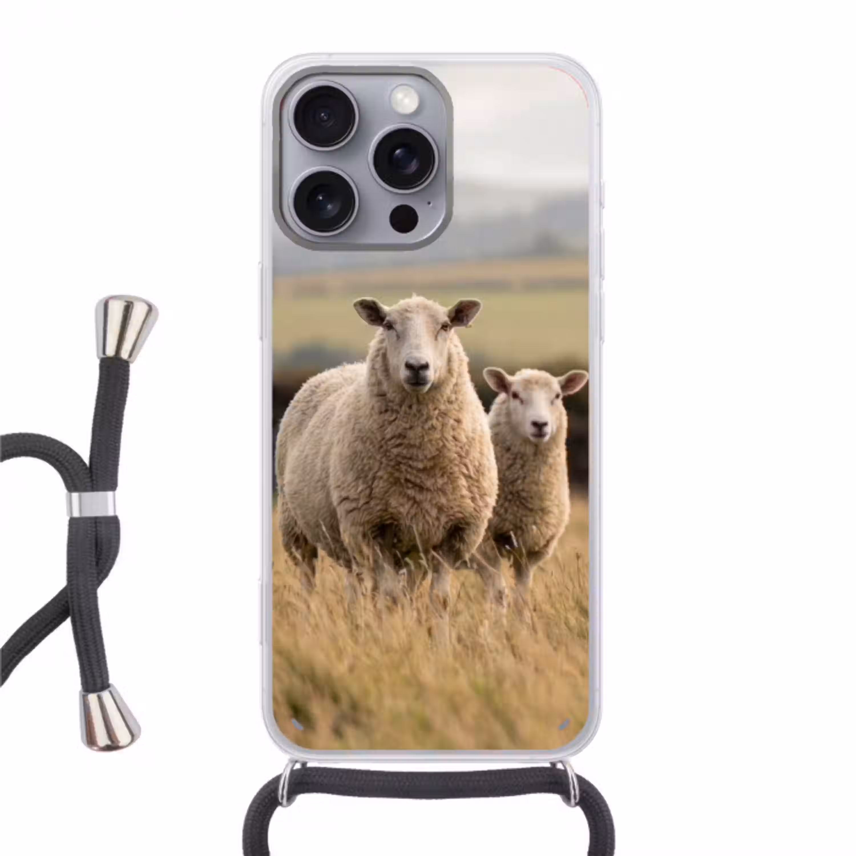 Schapen - Weidenlandschap - Heuvels Hoesje iPhone 16 Pro Max met koord klein -3d