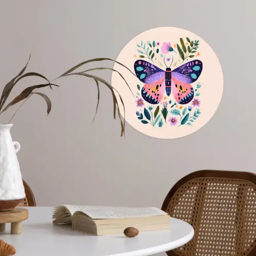 Bloemen - Bladeren - Vlinder - Kleurrijk Wandcirkel behangsticker klein -sfeer3