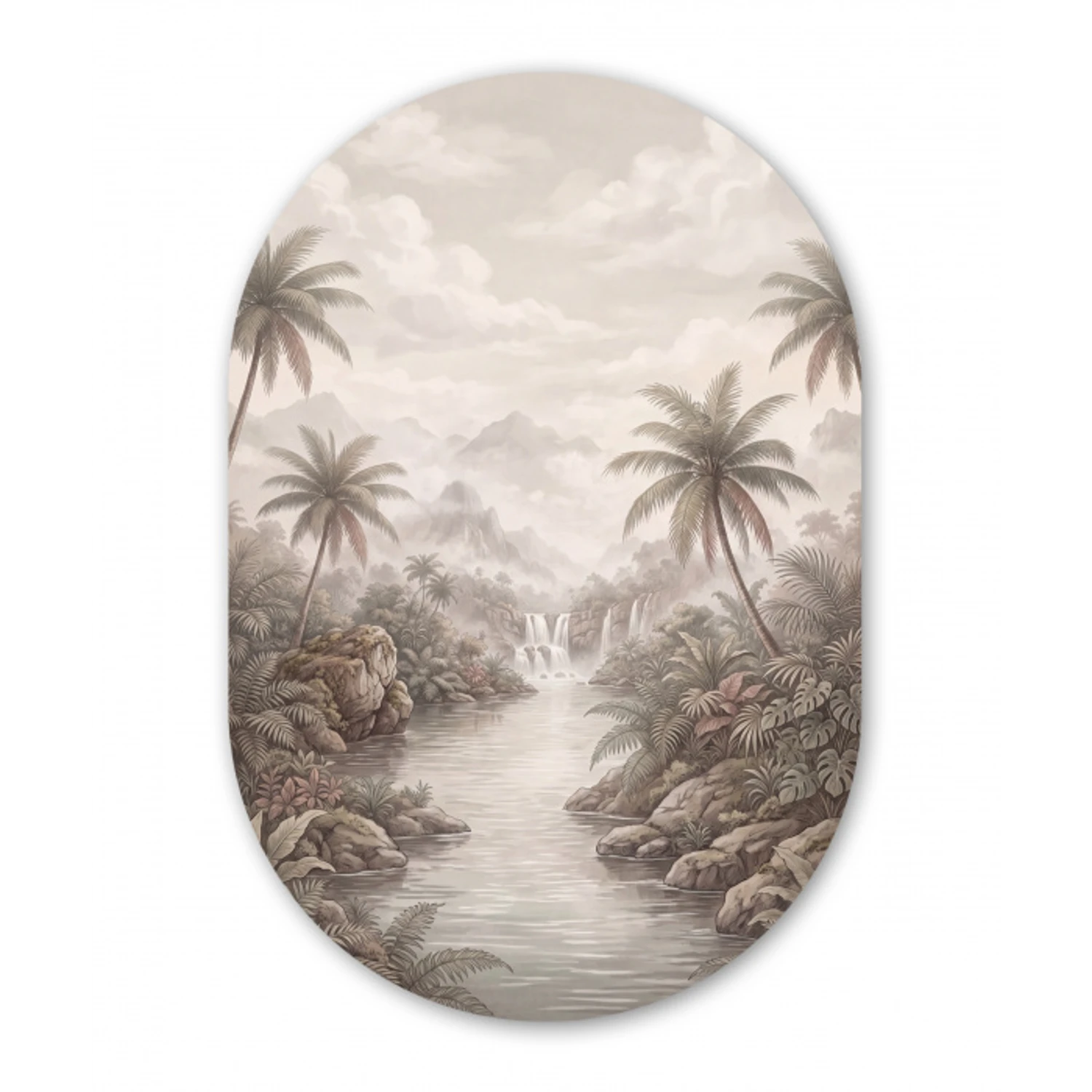 Jungle - Watervallen - Tropisch - Illustratie Wandcirkel Ovaal Aluminium middel -3d