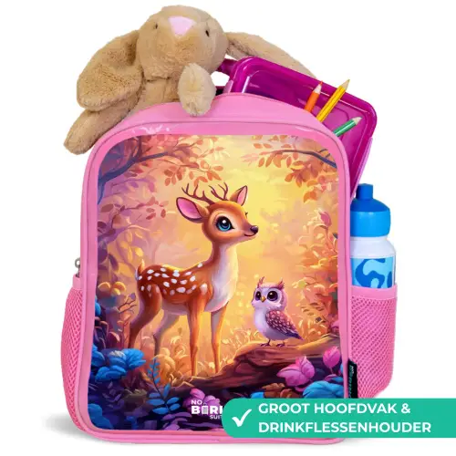 Hertje en uil in een roze sprookjesbos Kinderrugzak - Roze middel -inhoud_NL
