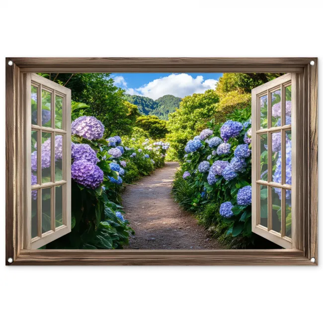 Tuinposter - Doorkijk - Hortensia - Pad - Natuur