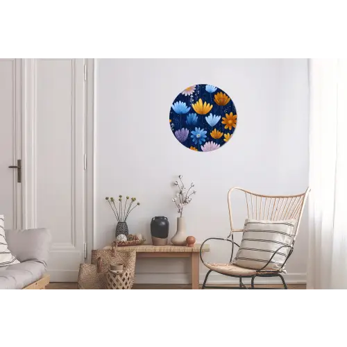 Bloemen - Patroon - Blauw - Contrast Wandcirkel aluminium klein -woonkamer