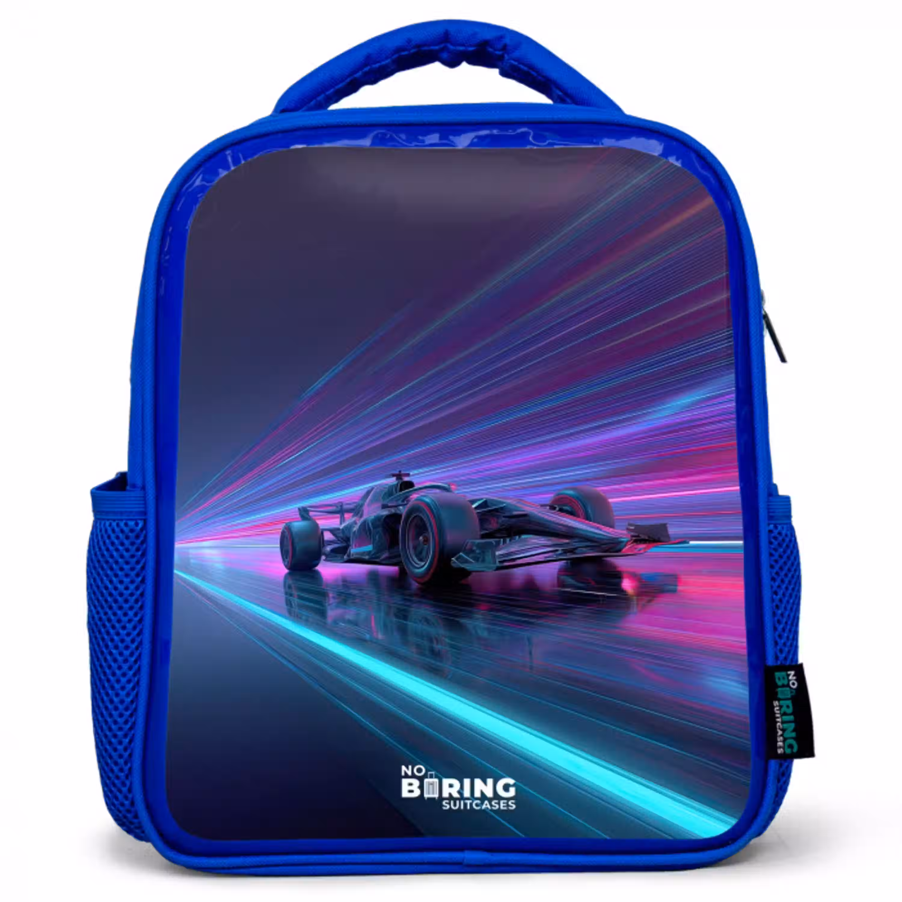 Neon - Raceauto - Lichtstrepen - Paars Kinderrugzak - Blauw middel -3d