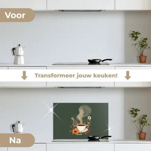 Kop - Bloemen - Groen - Koffie keuken achterwand spatscherm klein -voor_na_NL