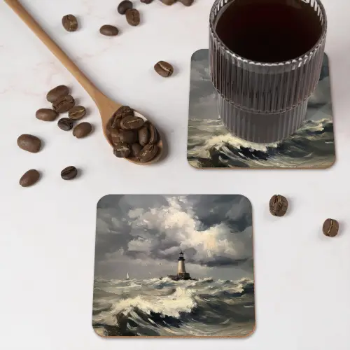 Vuurtoren - Golven - Storm onderzetter kurk middel -sfeer2