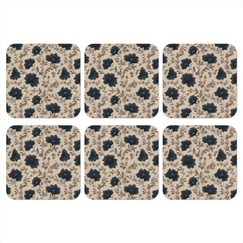 Motief - Bloemen - Zwart - Beige onderzetter kurk middel 366 -3d