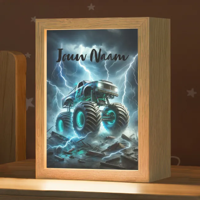 Nachtlampje met naam - Monstertruck - Bliksem - Blauw - Jongens - Auto