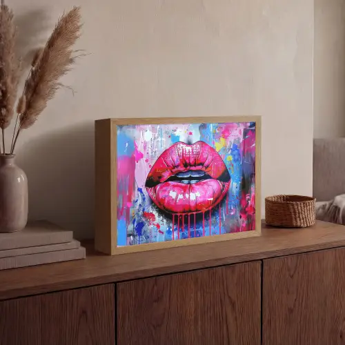 Graffiti - Lippen - Felroze - Geschilderd Light Box met batterij (Wandlamp) middel -sfeer2