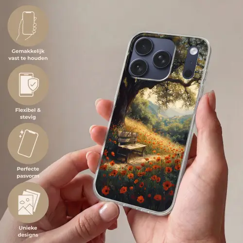 Bankje - Boom - Klaprozen - Heuvels Telefoonhoesje iPhone 17 Pro klein -sfeer3_NL