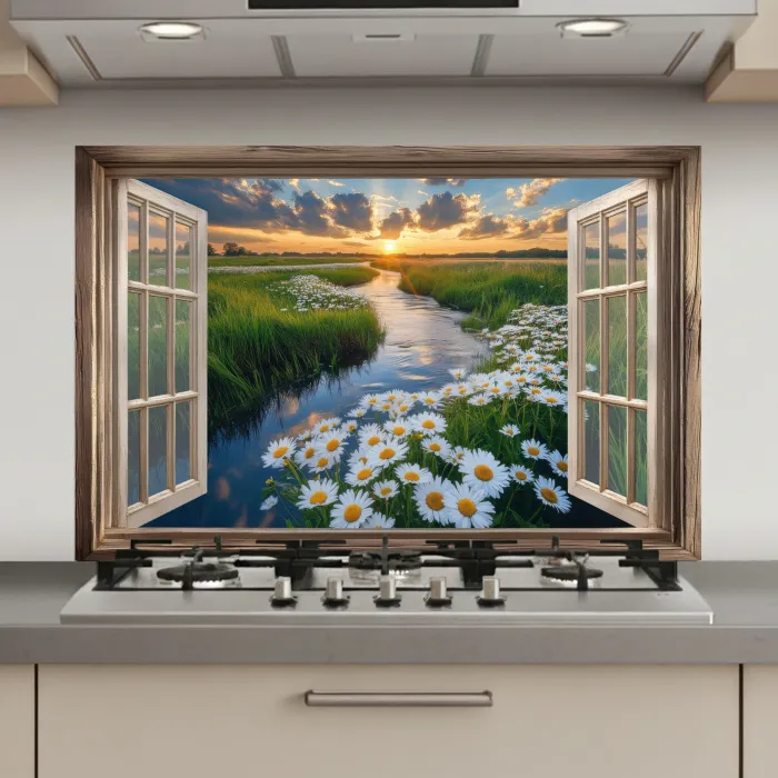 Doorkijk - Landschap - Raam - Water - Zonsondergang keuken achterwand spatscherm klein -3d_website