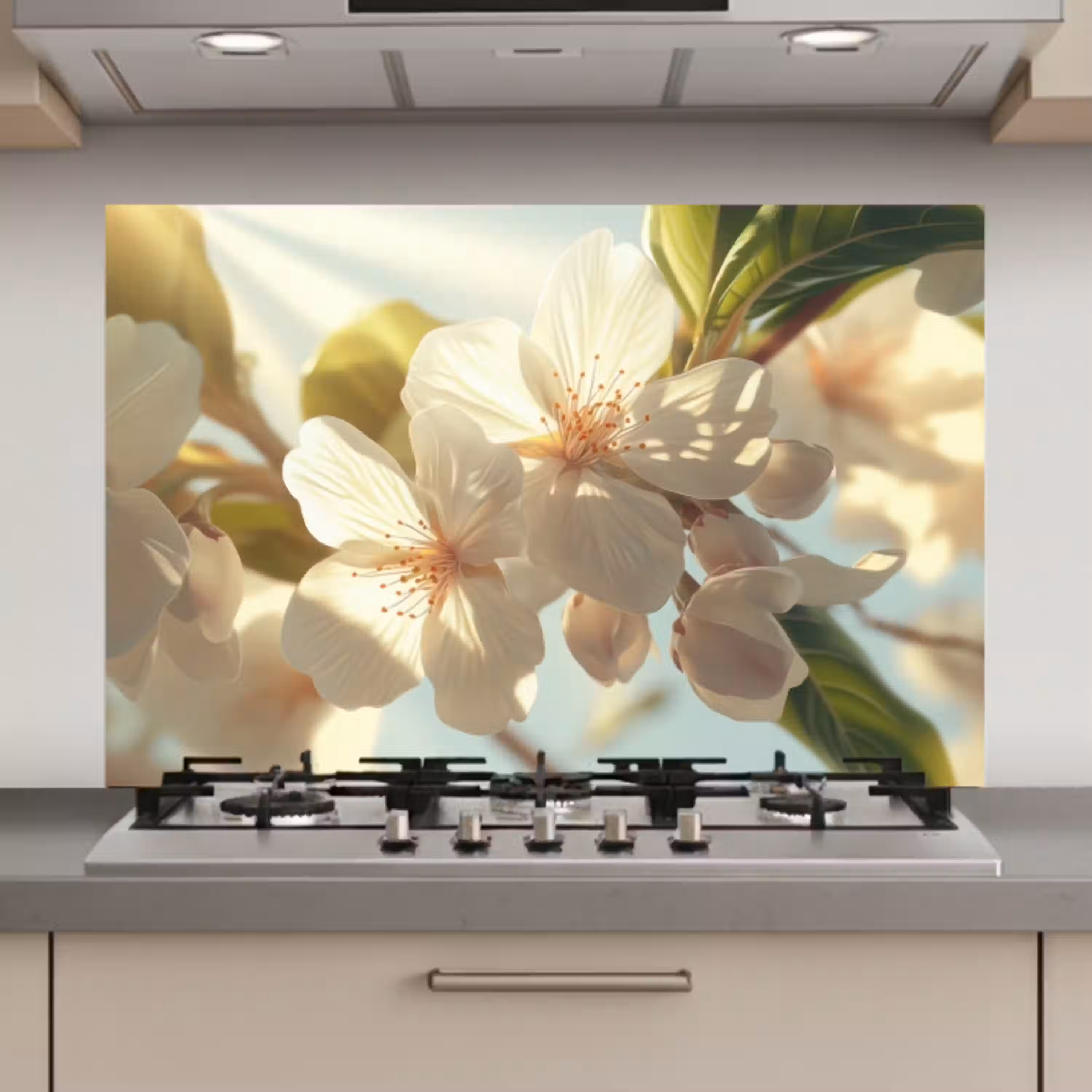 Bloesems - Wit - Zonnestralen -  Bloemblaadjes keuken achterwand spatscherm klein -3d_website