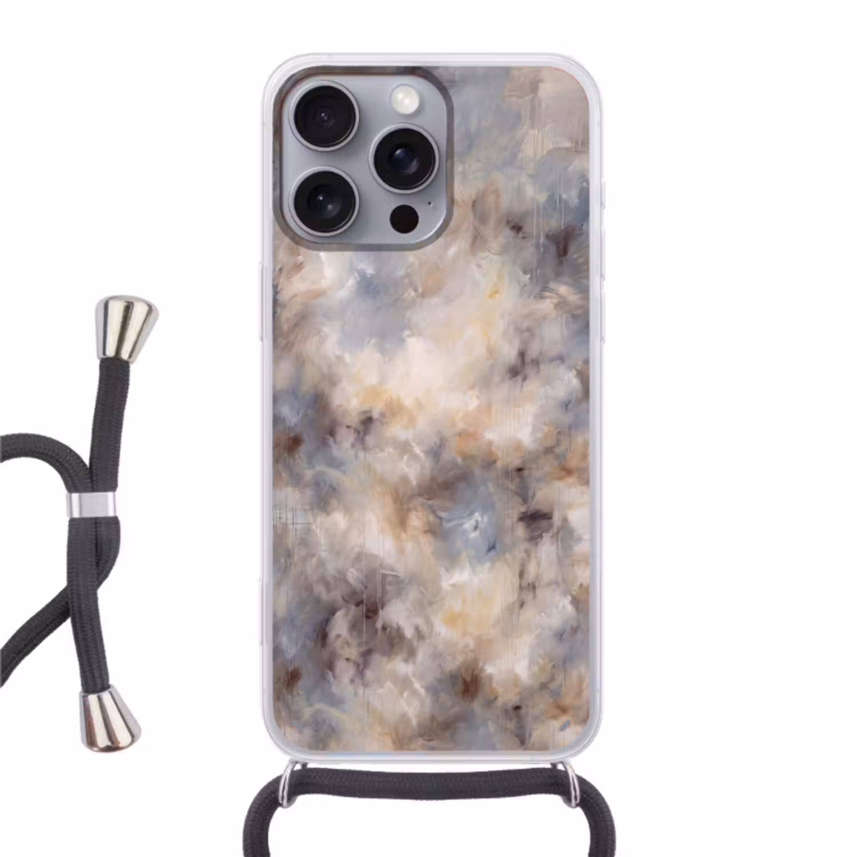Abstract - Wolken - Sfeervol - Beige - Grijs Hoesje iPhone 16 Pro Max met koord klein -3d
