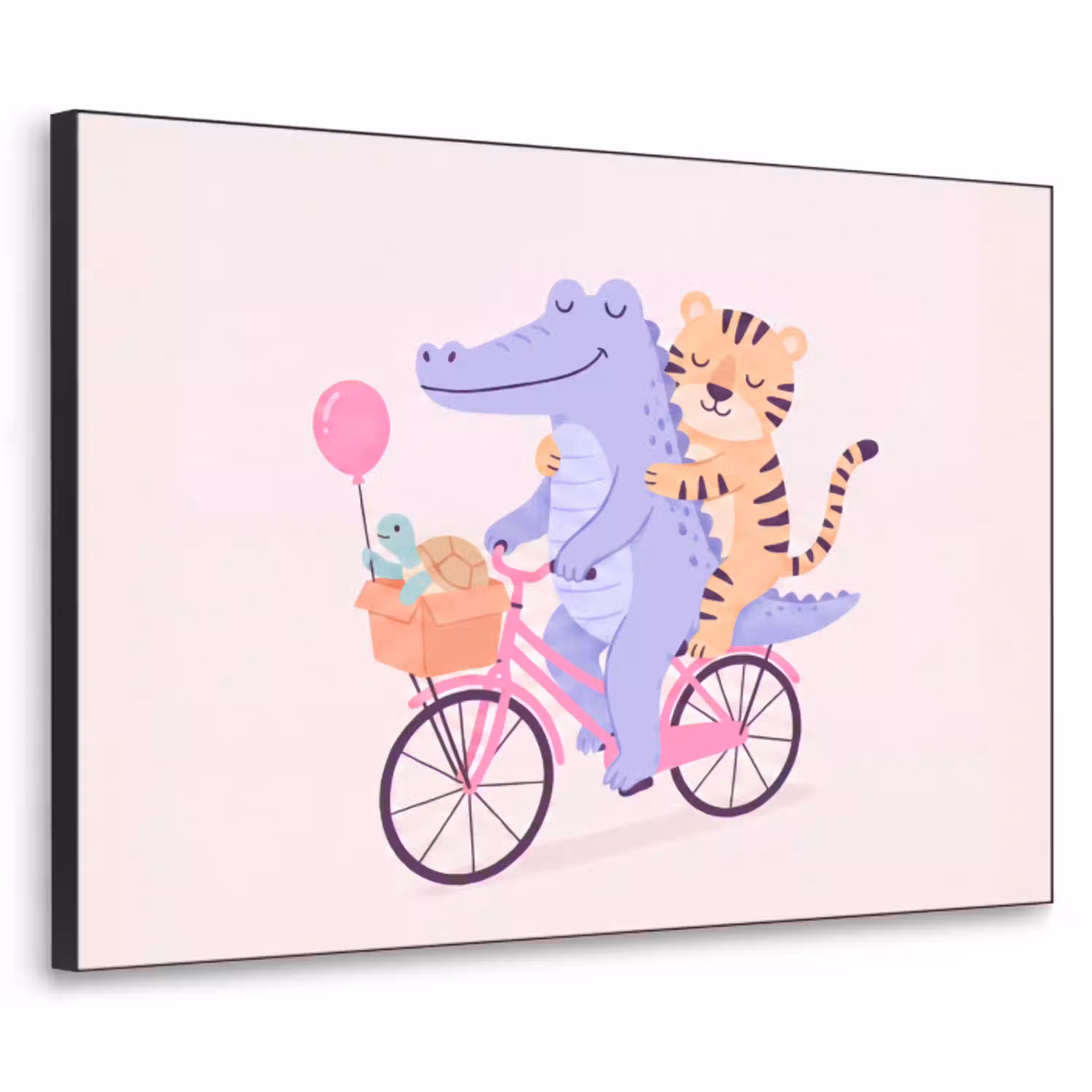 Dieren - Fiets - Vriendschap - Illustratie - Roze Textielframe zwart klein -3d