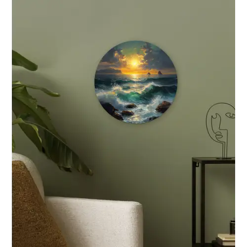 Zee - Zon - Golven - Rotsen Wandcirkel kunststof plaat 5mm dik klein -sfeer3