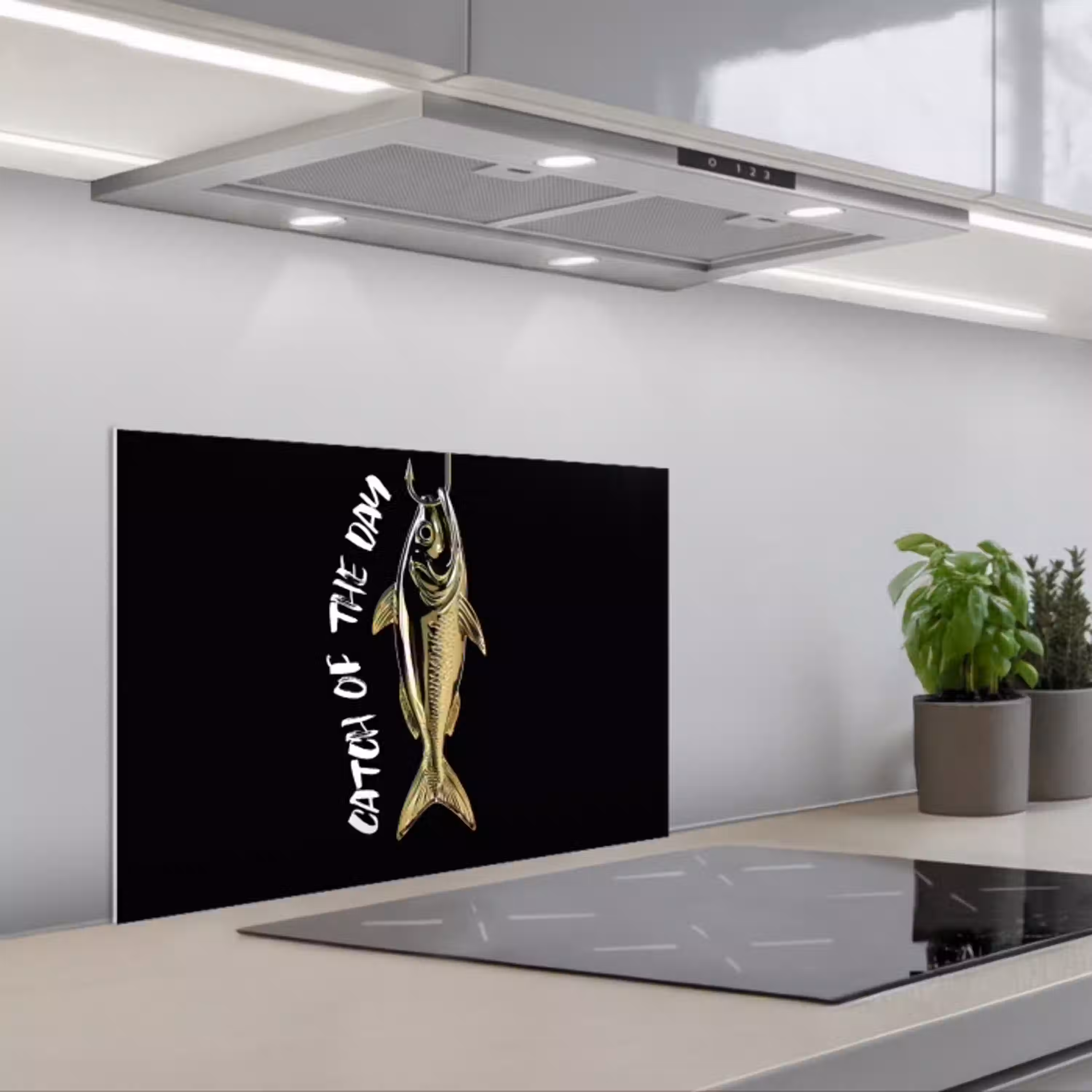 Vis - Zwart - Goud - Tekst keuken achterwand spatscherm klein -3d_schuin