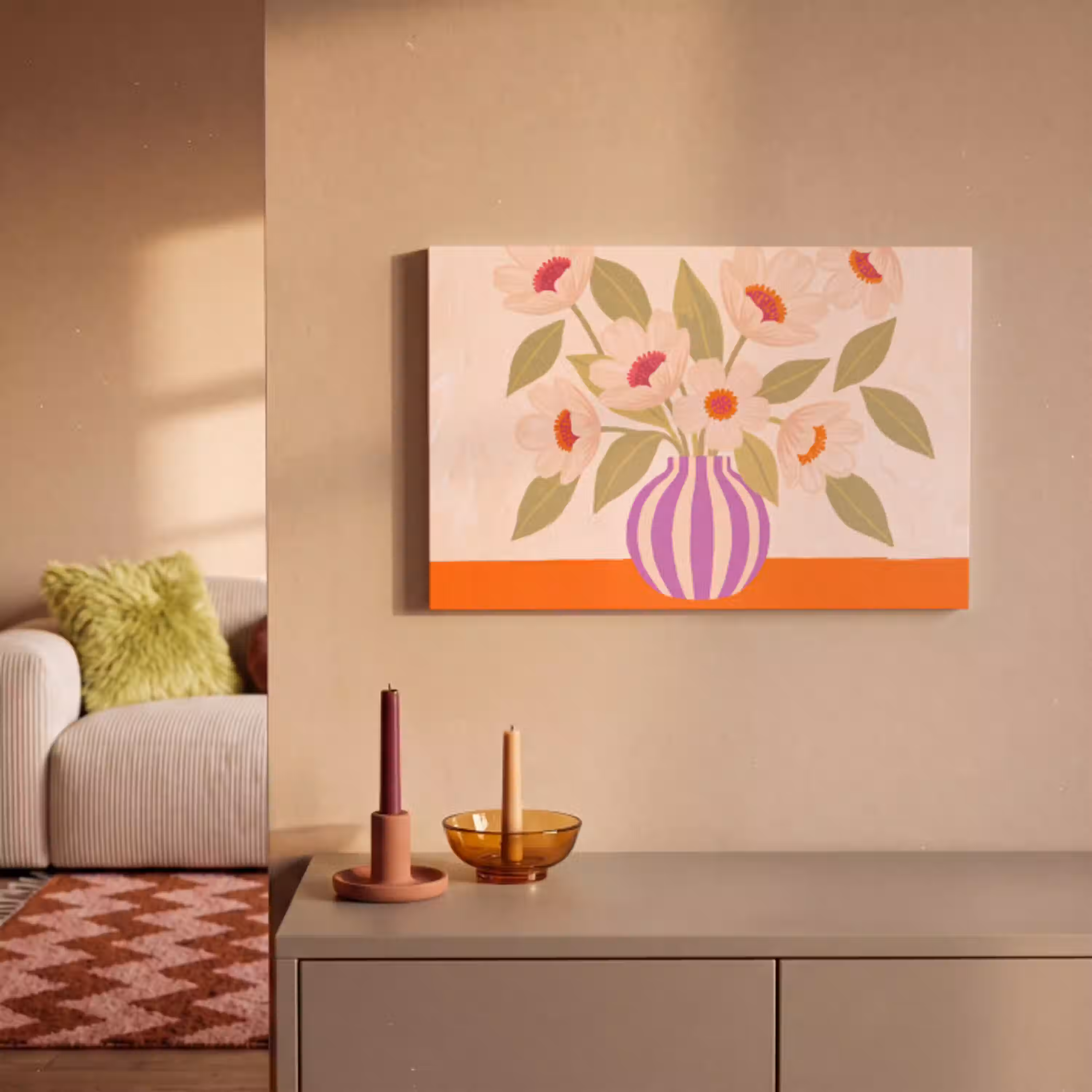 Bloemen - Vaas - Abstract - Paars - Oranje canvas 2cm klein -sfeer1