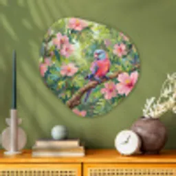 Papagaai - Hibiscusbloemen - Kleurrijk Wandcirkel Organisch Aluminium middel -sfeer2