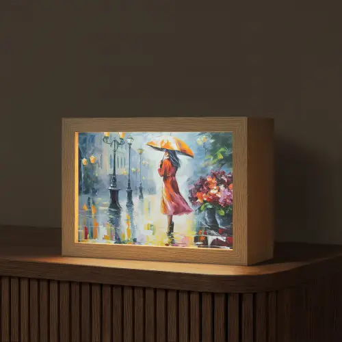 Olieverf - Paraplu - Vrouw - Straat - Kunst Light Box met kabel (Tafellamp) klein -z3d_website