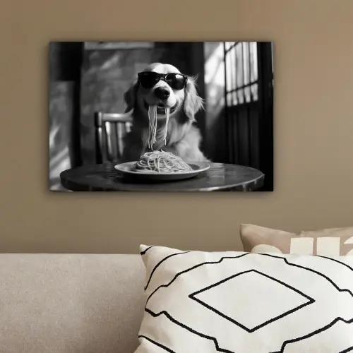 Golden Retriever - Hond - Vrolijk -  Bord spaghetti - Zwart - wit canvas 2cm klein -sfeer3