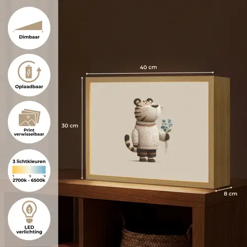 Tijger - Blauwe bloemen - Rustig Light Box met batterij (Wandlamp kind) middel -USP_websiteoverzichtNL