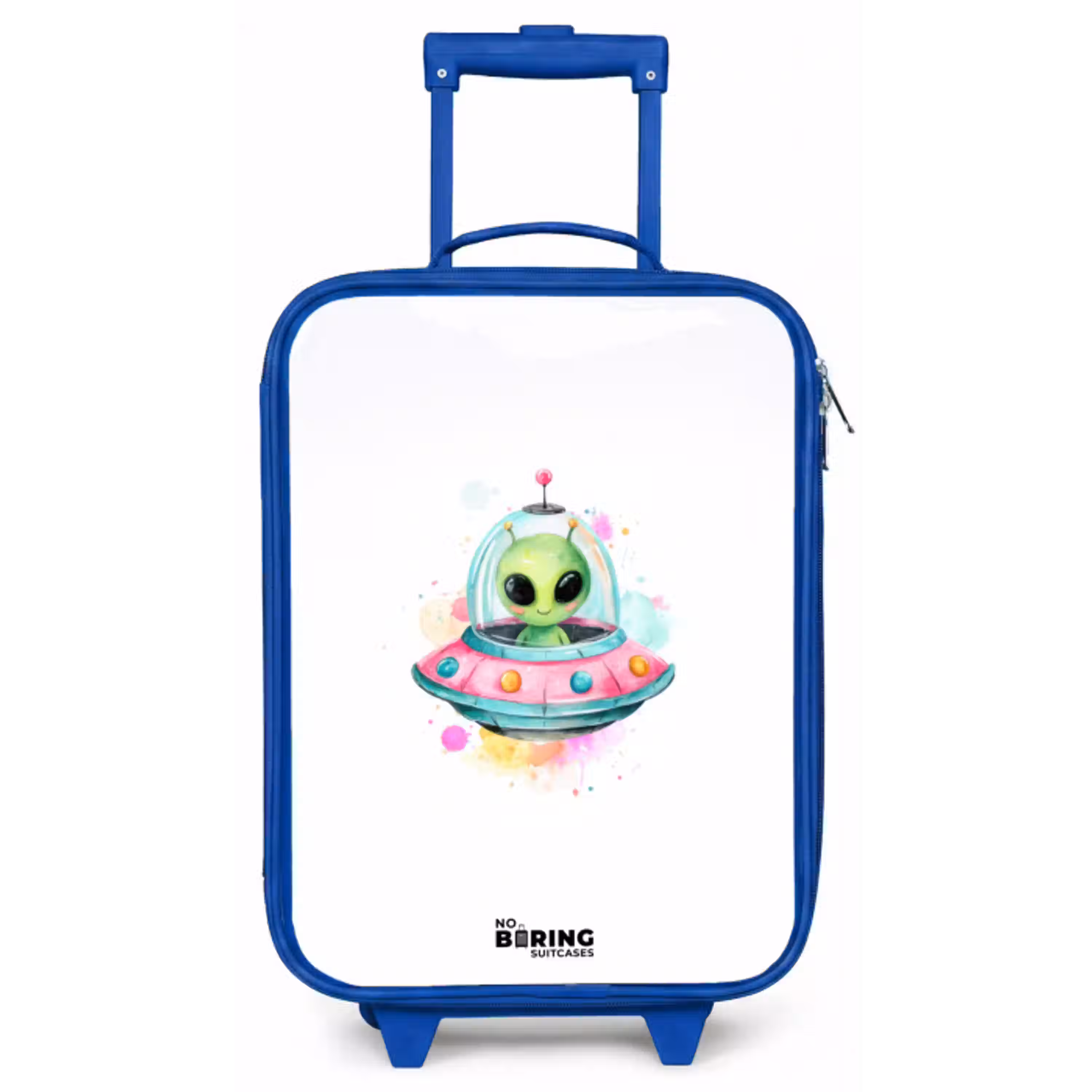 Groene alien in kleurrijke UFO Kinderkoffer - Blauw klein -zz3dotto