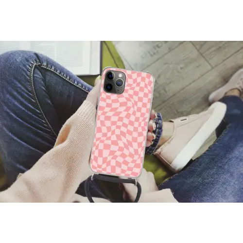 Hokjes patroon - Roze - Golvende lijnen Hoesje iPhone 12 Pro met koord klein -hand