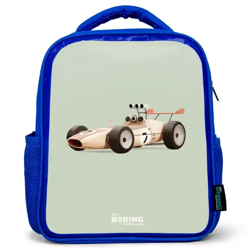 Beige retro raceauto op groen achtergrond Kinderrugzak - Blauw middel -3d