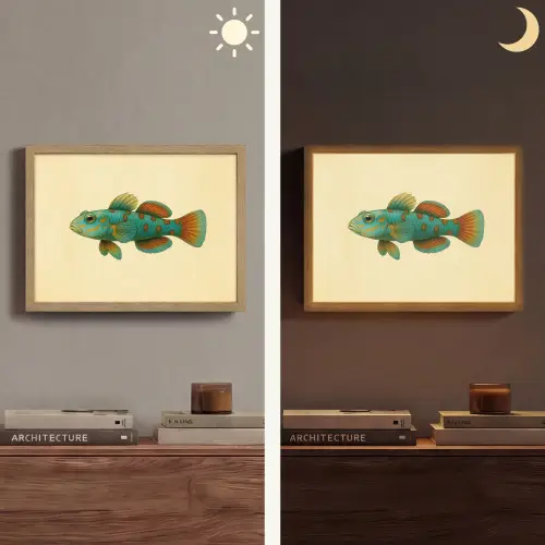 Vis - Blauw - Stippen - Schubben Light Box met batterij (Wandlamp) middel -sfeer3