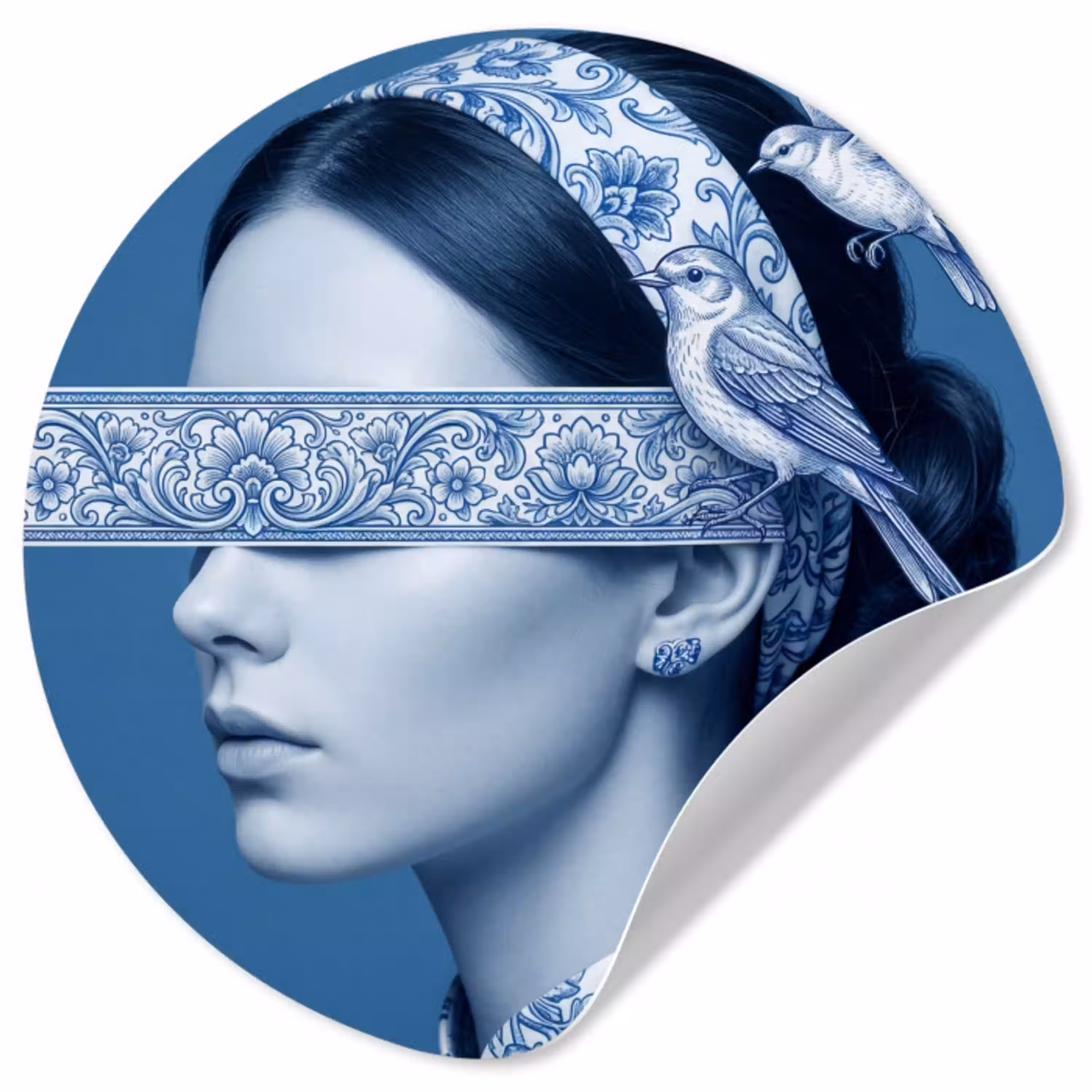 Portret - Klassiek - Wit - Blauw Wandcirkel behangsticker klein -3d