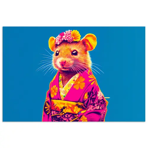 Muis - Kimono - Bloemen - Blauw poster papier klein -3d