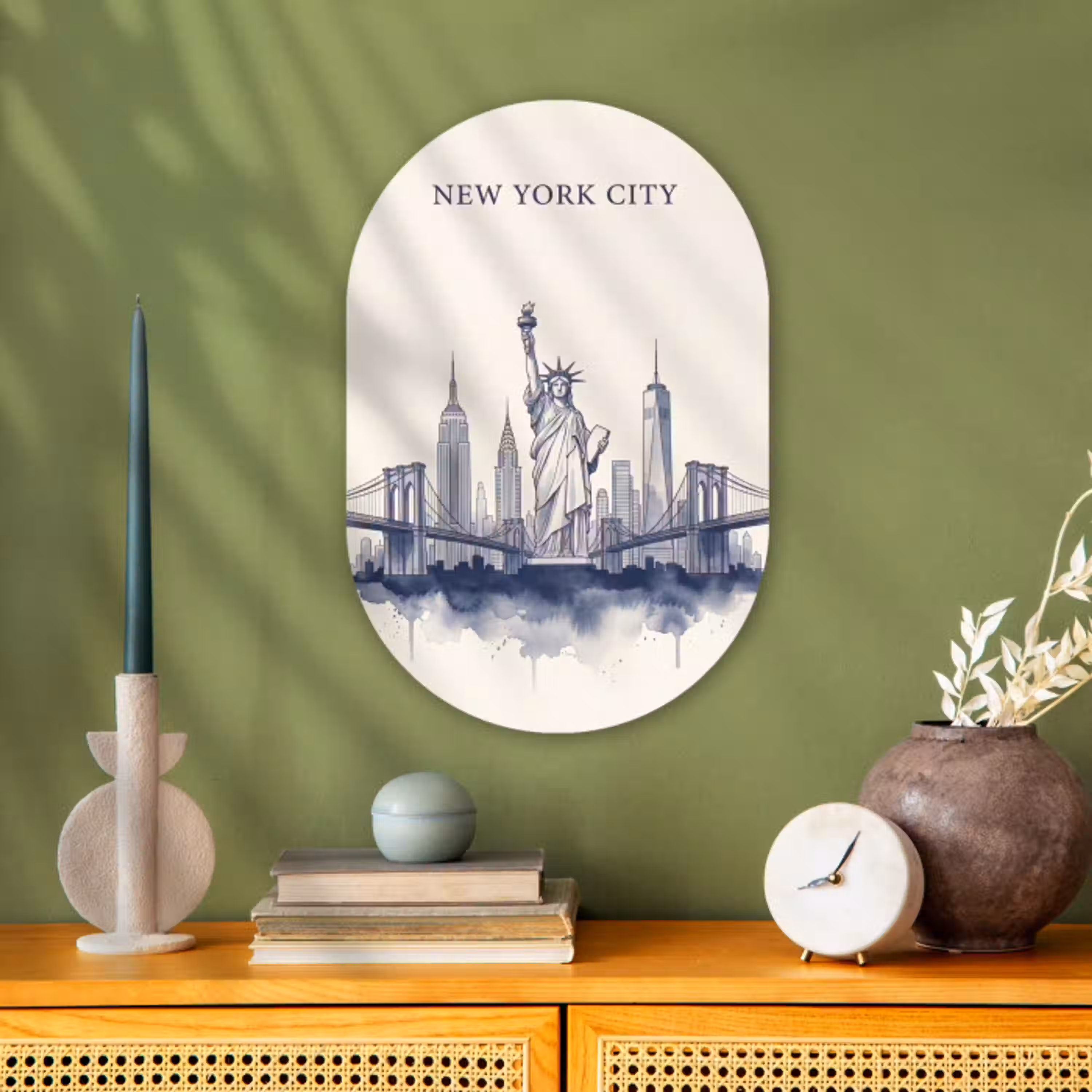 New York - Vrijheidsbeeld - Skyline - Illustratie - Blauw Wandcirkel Ovaal Forex klein -sfeer2