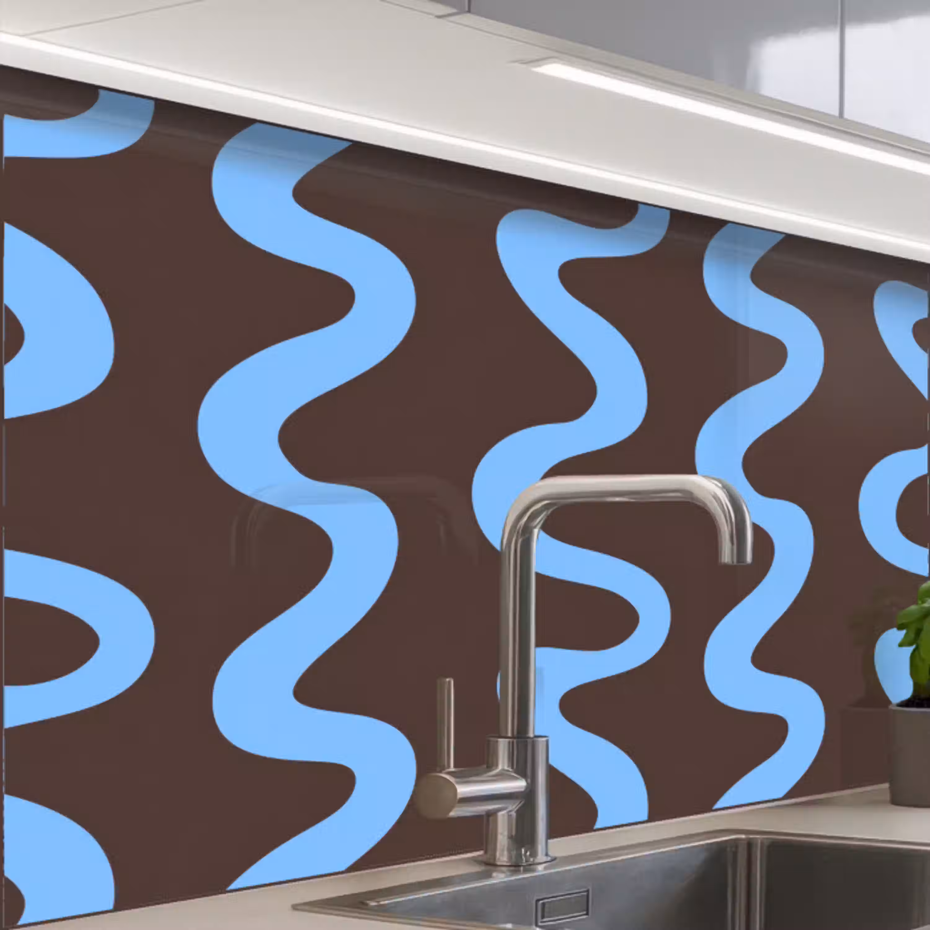 Kronkelende lijnen - Blauw - Bruin - Minimalistisch keuken achterwand 2 middel 865 -zzzz3d_schuin