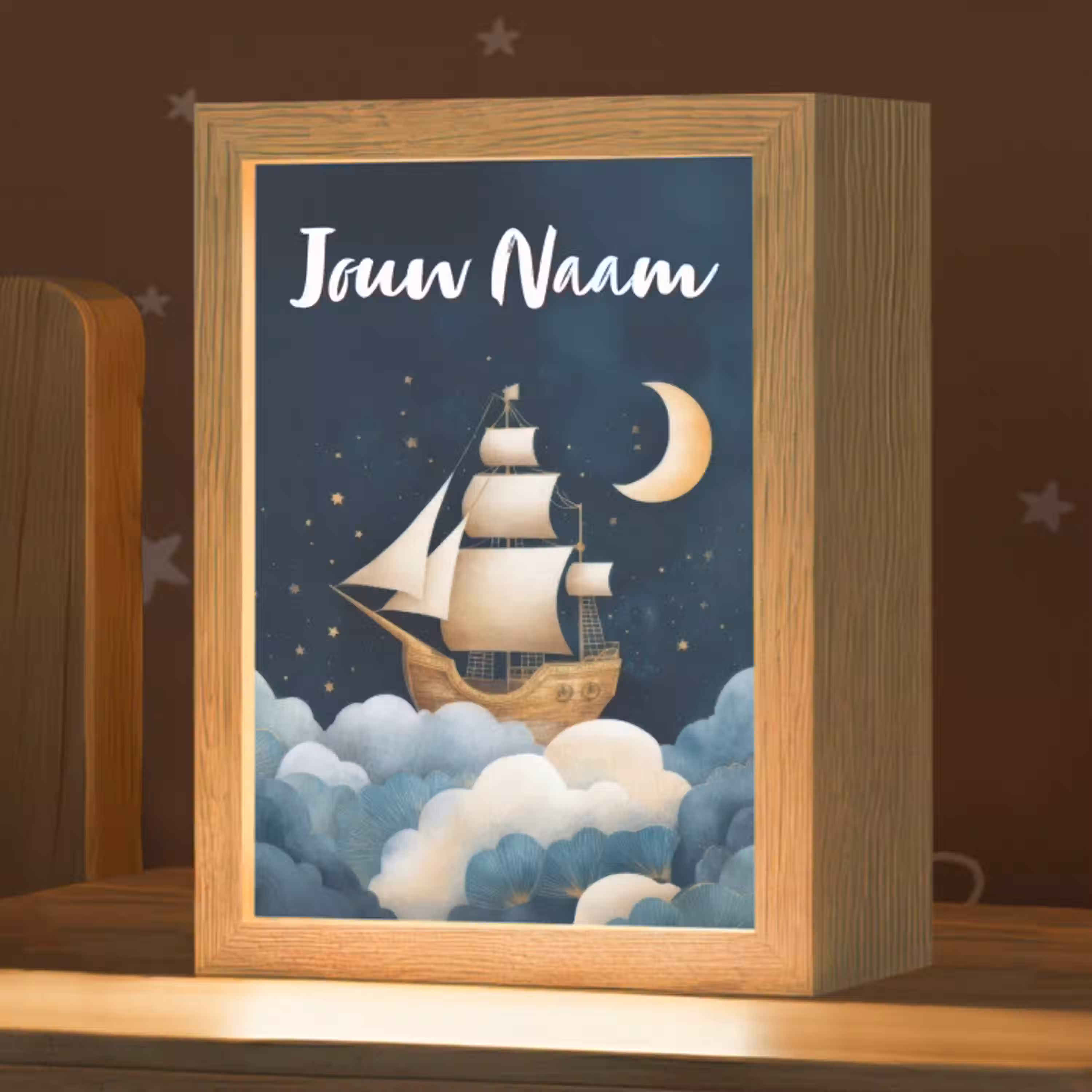 Zeilschip - Sterrenhemel - Wolken - Blauw Light Box met kabel (Kinderlampje) klein -zzz_3d_website