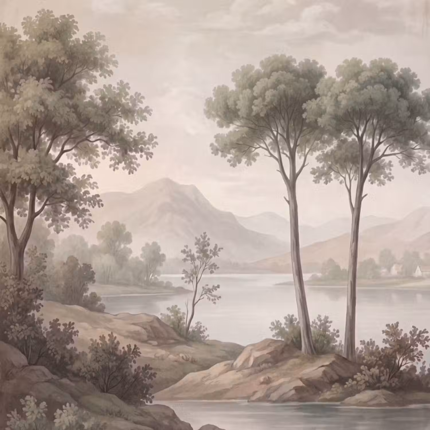 Tapete - Bäume - See - Berge - Illustration